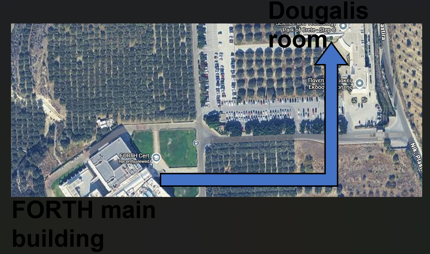 Walking route from the central FORTH building area to the Dougalis Room